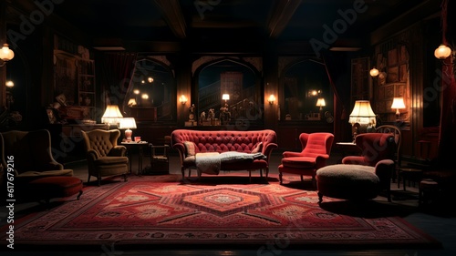 Gothic style victorian mansion with vivid colours and velvet carpets and carved furnitures generative ai