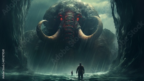Giant evil mammoth rising from the sea in fantasy landscape generative ai