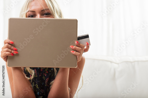 Woman feels guilty yet excited about shopping photo