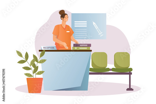 Medical clinic concept with people scene in the flat cartoon design. The nurse at the reception in the polyclinic is ready to receive patients. Vector illustration.