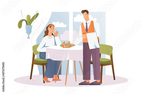 Restaurant concept with people scene in the flat cartoon design. A woman thanks the waiter for a delicious dinner in a restaurant. Vector illustration.