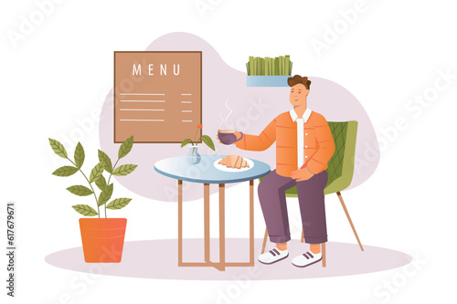 Restaurant concept with people scene in the flat cartoon design. A man went to a restaurant to drink coffee and a croissant. Vector illustration.