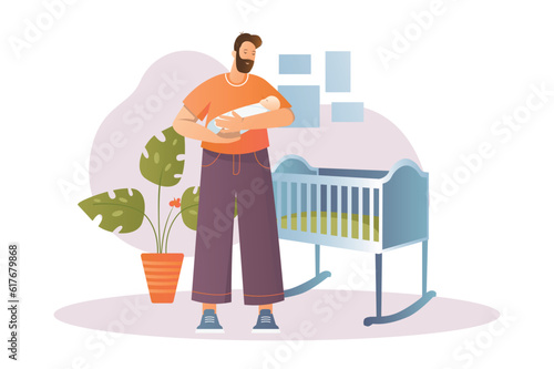 Newborns concept with people scene in the flat cartoon style. A man is putting his little son to bed. Vector illustration.