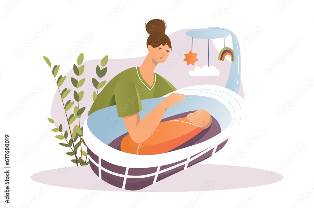 Obraz premium Newborns concept with people scene in the flat cartoon style. A mother is rocking her little son. Vector illustration.