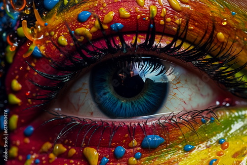 Close-up shot of beautiful woman's eye with multicolored makeup. AI generated Illustration