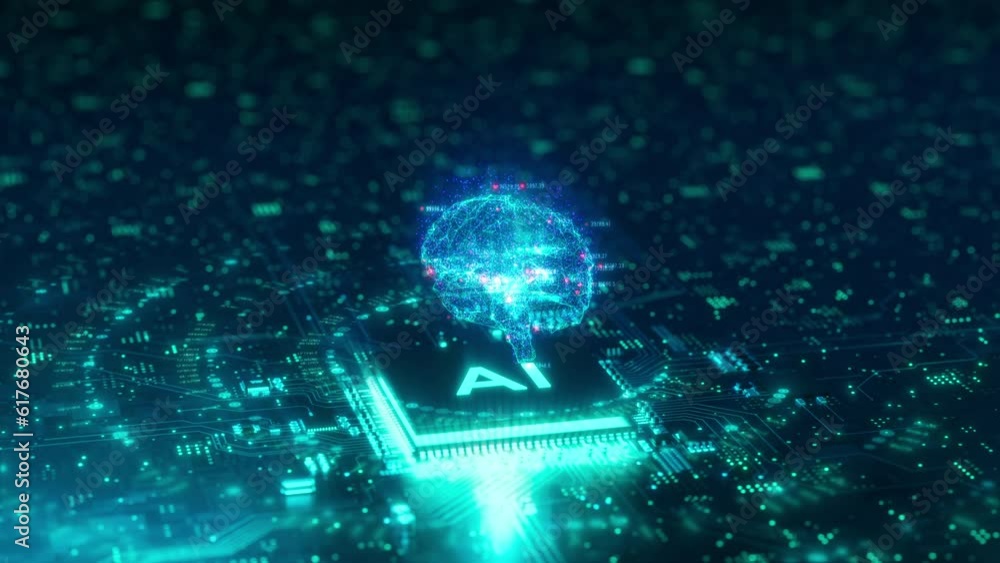 回路基盤と演算装置の上で光るホログラムの頭脳 / 生成AIと機械学習のモーションイメージ / A hologram brain that glows above the circuit board and computing unit. Motion image of generative AI and machine learning. 3D rendered.
