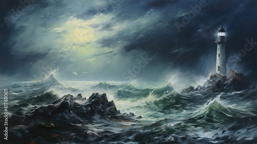 Lighttower beacon in the stormy sea with lightning and thunder in oil painting generative ai photo