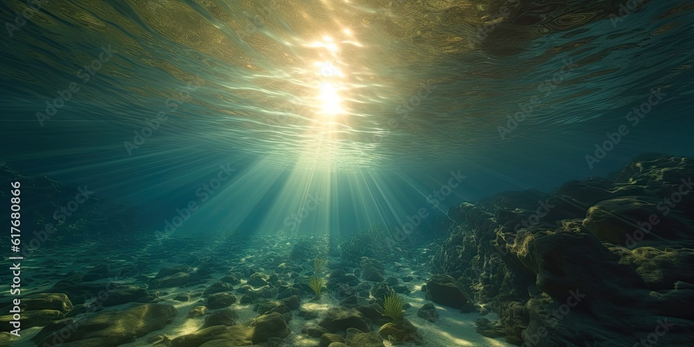 Abstract beauty of nature's underwater depths of seas. Glow of sunrise as sunlight. Meeting of sun and sea in sunset, as summer where secrets of ocean