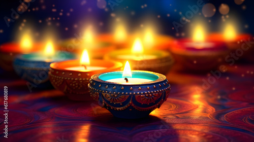 Happy Diwali Illumination Oil Lamps (Diya) on Dark Magenta Flare Background created with Generative AI  © kimly
