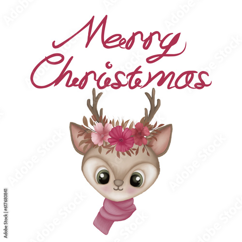 Merry Christmas with cute reindeer with pink flowers.