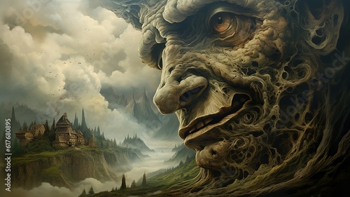 Giant troll face landscape fantasy illustration generative ai photo