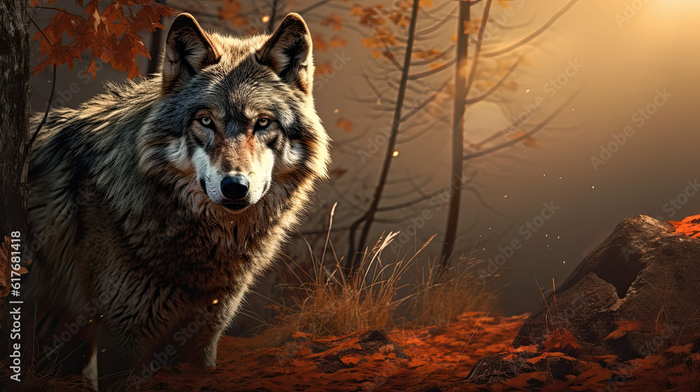 wolf in the woods in autumn.