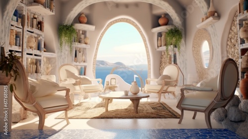 A Santorini-style interior with a cabinet, armchairs, and a ceiling lamp, Generative AI.