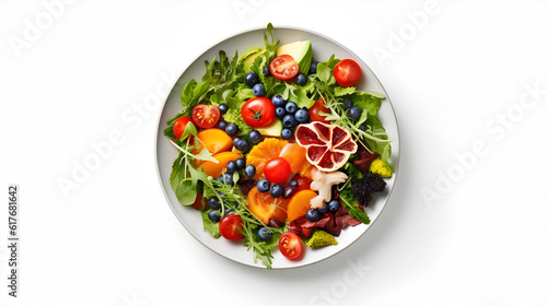 salad with vegetables and cheese on round plate white background created with Generative AI 