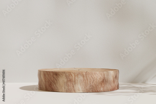 Wooden product display podium on white background. 3D rendering