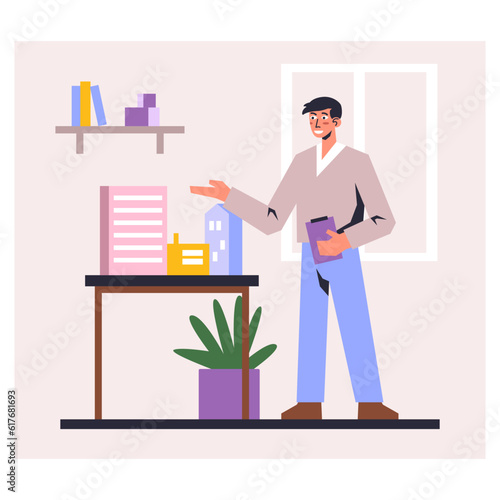 Man standing in room, holding clipboard and makes presentation of residential property. Engineer shows house to customers. House layout concept. Flat vector illustration in purple colors © ANDRII