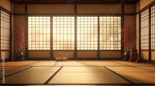 A traditional Japanese empty room interior with tatami mats, Generative AI.