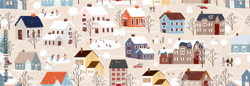 Seamless pattern Winter landscape,Celebrating Christmas and New Year 2024  in City at night with happy people playing ice skate in the park,Vector horizontal banner winter wonderland in countryside photo