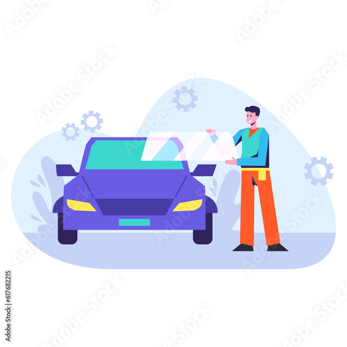 Mechanic in uniform doing car windshield replacement. Adult man working in tire fitting. Machine parts replacement work. Car repair and restoration in service center. Flat vector illustration