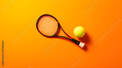 tennis racket and ball on orange background top view created with Generative AI 