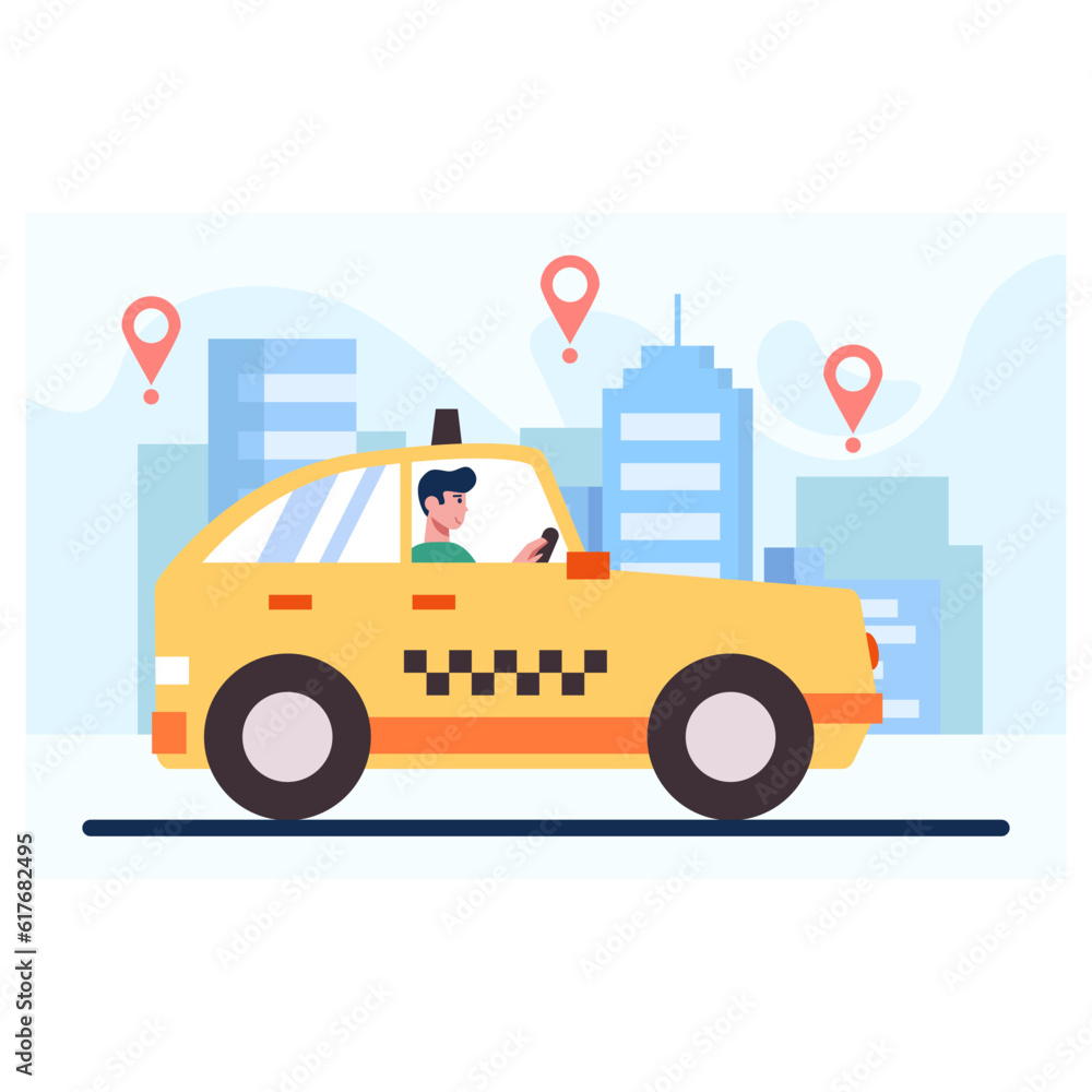 Taxi driver on way to client. Concept of online taxi order. Driver goes to location to pick up client. Taxi order in the city to location. Flat vector illustration in blue colors