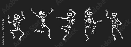 Skeletons dancing with different positions flat style design vector illustration set. Funny dancing Halloween or Day of the dead skeletons collection. Creepy, scary human bones characters silhouettes.