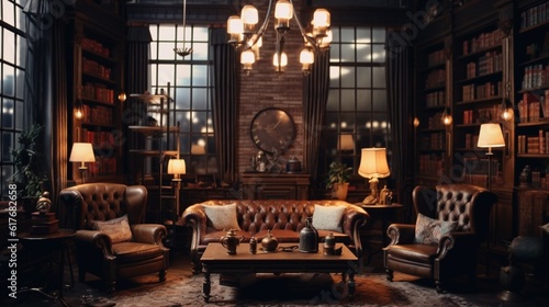 A vintage-style reading room in an old library or house, featuring leather armchairs, Generative AI. © Dhiman
