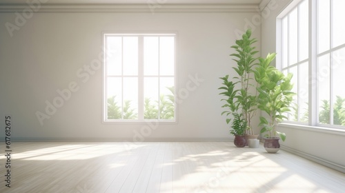 A white empty room featuring a plant of natural sunlight  Generative AI.