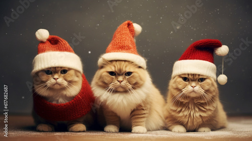 Cat in Christmas costumes on a festive background. Happy Christmas background. Cute Cat on a Christmas background in a cute costume. AI Generative.