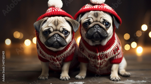 Dog in Christmas costumes on a festive background. Happy Christmas background. Cute Dog on a Christmas background in a cute costume. AI Generative.