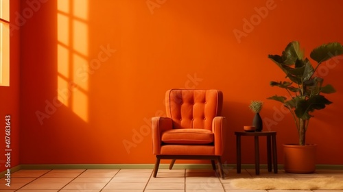 An orange room with a chair, table, pampas, and an orange wall background, Generative AI.