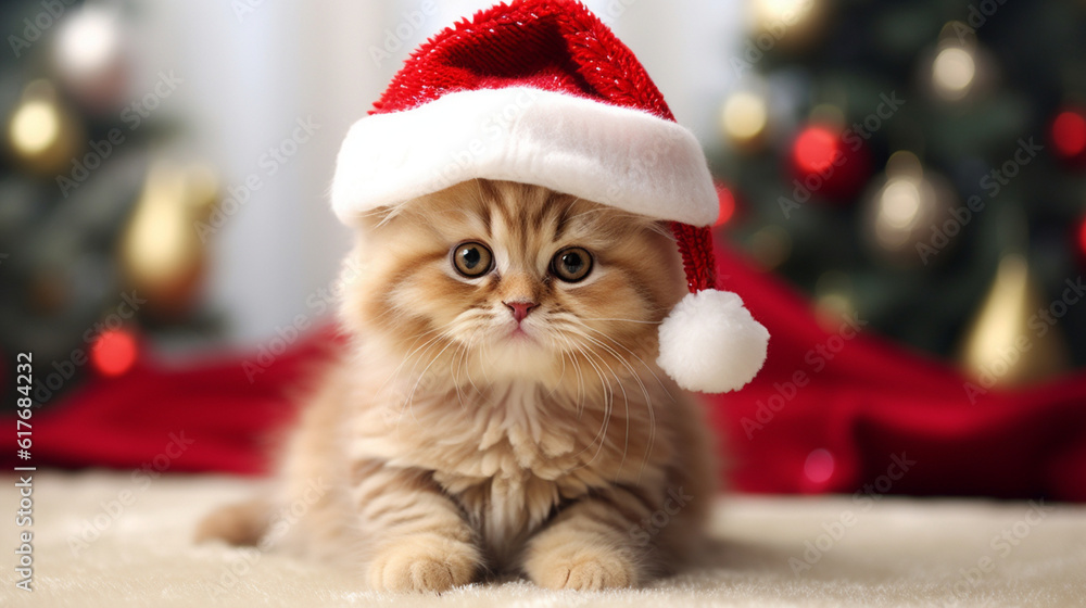 Kittens in Christmas costumes on a festive background. Happy Christmas