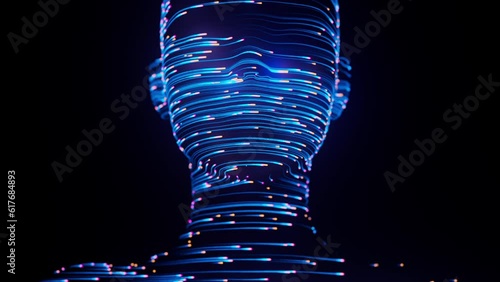 Human face abstract digital animation. 3D rendering of artificial intelligence. Concept of big data cyber security or metaverse.