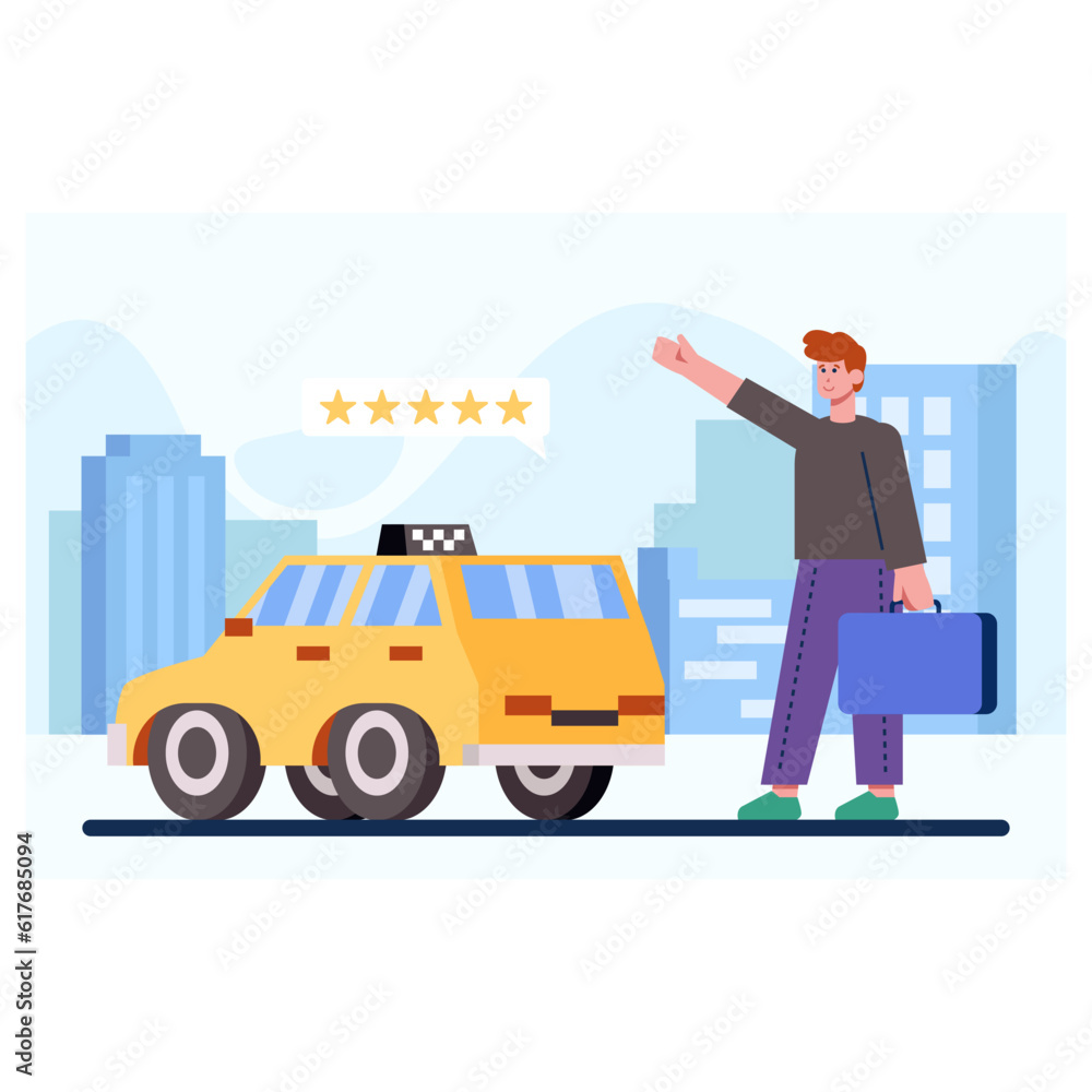 Young man with briefcase standing outside and looking for taxi. Taxi order and driver rating concept. Passenger waiting for car. Vector flat illustration in yellow and blue colors Young man with briefcase standing outside and looking for taxi. Taxi order and driver rating concept. Passenger waiting for car. Vector flat illustration in yellow and blue colors
