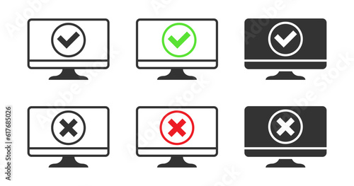 Monitor with check mark and cross sign. Vector illustration.