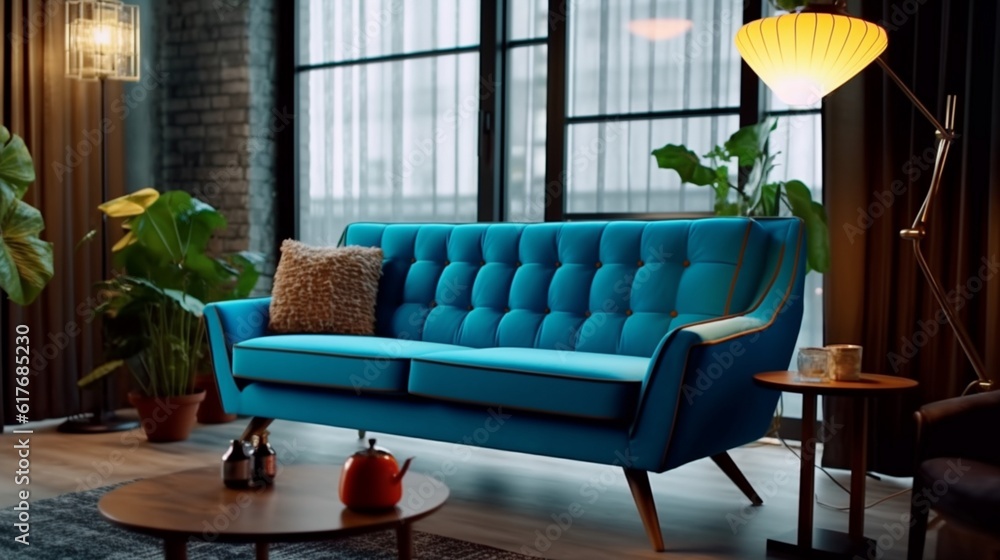 Blue sofa in midcentury style with a stylish table, Generative AI.
