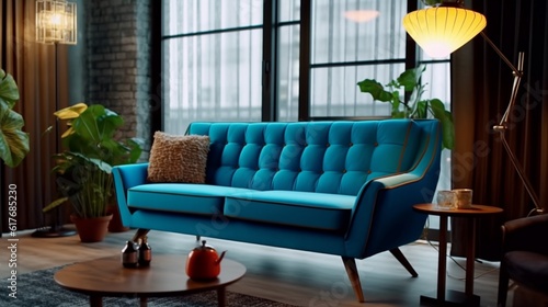 Blue sofa in midcentury style with a stylish table, Generative AI.