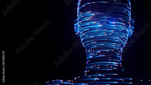 Human face abstract digital animation. 3D rendering of artificial intelligence. Concept of big data cyber security or metaverse.