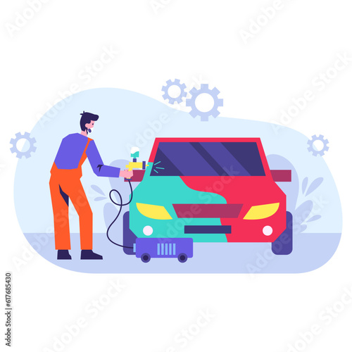 Adult male in protective uniform and respirator holding atomizer and painting automobile in different color. Car repair and restoration in service center. Flat vector illustration in cartoon style