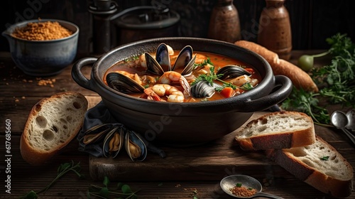 Closeup Cioppino soup with clam meat on a black plate and blur background