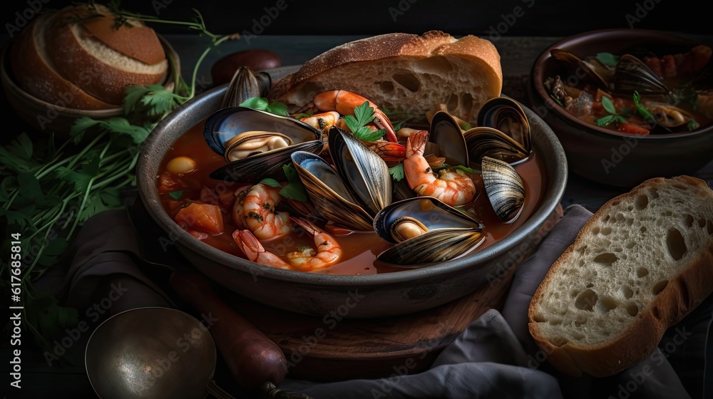 Closeup Cioppino soup with clam meat on a black plate and blur background