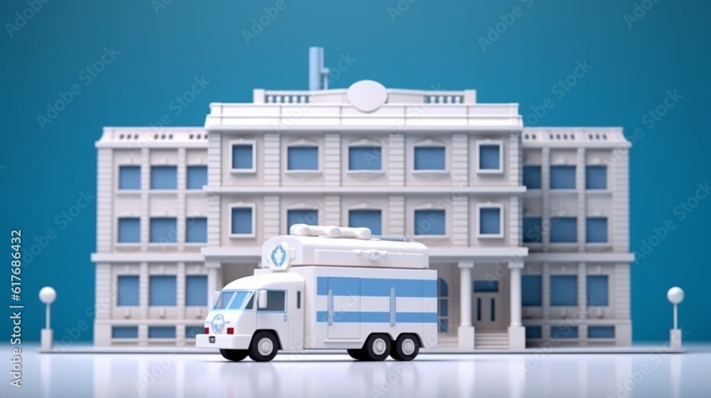 Front view of a hospital with an ambulance in front, Generative AI.