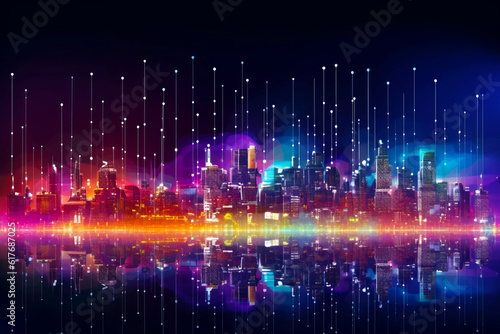 Abstract cityscape with lines and dots in the sky and reflection of the city in the water. Generative AI.