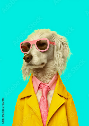 White dog wearing yellow jacket and pink tie with pink sunglasses and pink tie. Generative AI. © valentyn640