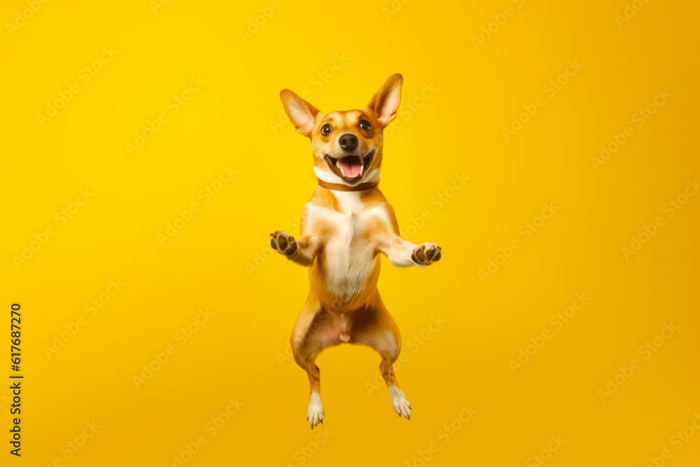Dog jumping up in the air with its paws in the air and it's mouth open