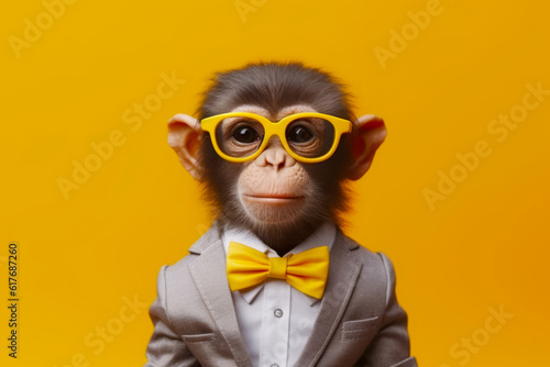 Foto Monkey wearing yellow glasses and suit with bow tie and bow tie