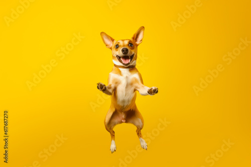 Dog jumping up in the air with its paws in the air and it's mouth open. Generative AI. photo
