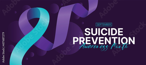 Suicide prevention awareness month text and teal purple ribbon awareness roll waving on dark purple background vector design