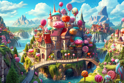 Cartoon fantastic candy land landscape with sweet castle. Generative AI illustration with gingerbread houses of a fairy kingdom, ice cream trees and a milk river. © Anastasia