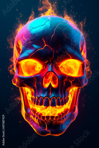 Colorful skull with glowing eyes and flamey skull's head. Generative AI. photo